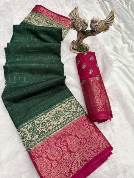 Recyclable Gree Designer Printed Saree in Soft Cotton Silk with Kanjivaram Style Border Cotton Sarees Wholesale