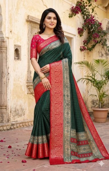 Recyclable Gree Designer Printed Saree in Soft Cotton Silk with Kanjivaram Style Border Cotton Sarees Wholesale