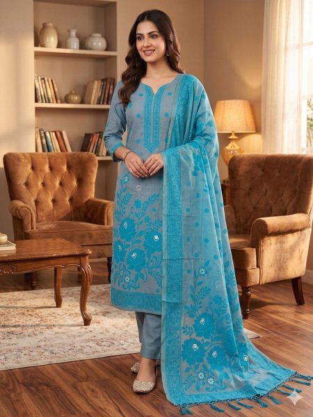 Recyclable Grey Designer Muga Cotton Dress Material at Wholesale Rate for Women Dress Material 