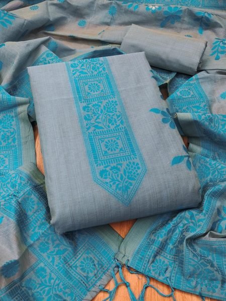 Recyclable Grey Designer Muga Cotton Dress Material at Wholesale Rate for Women Cotton Dress Material