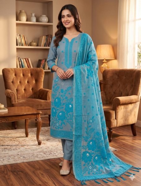 Recyclable Grey Designer Muga Cotton Dress Material at Wholesale Rate for Women Cotton Dress Material