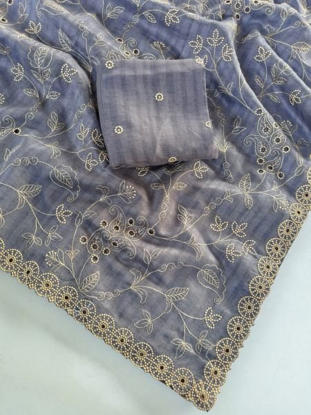 Recyclable Grey Pure Soft Silk Saree Collection with Premium Floral Handwork Silk Sarees Wholesale