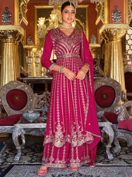 Recyclable Hot Pink Heavy Chinon Party Wear Kurti Palazzo Set with Heavy Embroidery Work Salwar Kameez