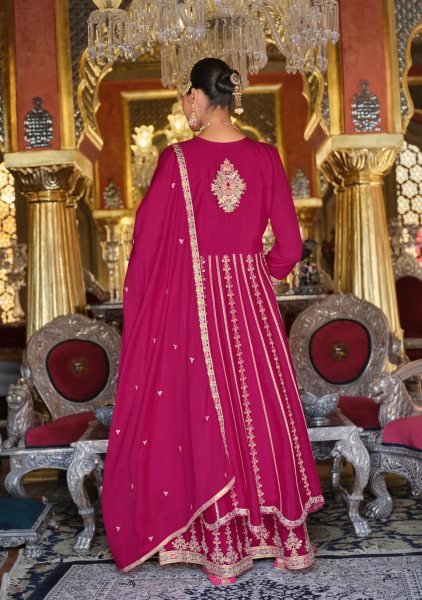 Recyclable Hot Pink Heavy Chinon Party Wear Kurti Palazzo Set with Heavy Embroidery Work Designer Plazzo Salwar Suits Wholesale