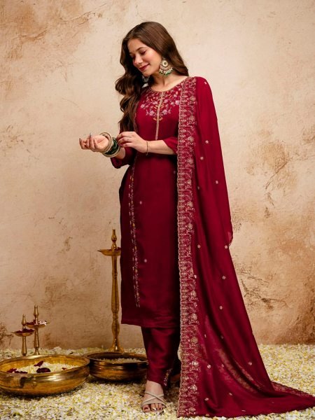 Recyclable Maroon Vichitra Silk Kurta Pant Set With A Dupatta Featuring Embroidery Work 
