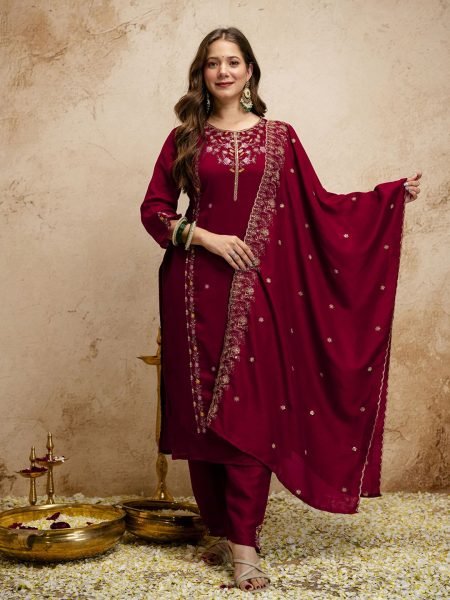 Recyclable Maroon Vichitra Silk Kurta Pant Set With A Dupatta Featuring Embroidery Work  Straight Cut Long Kurtis