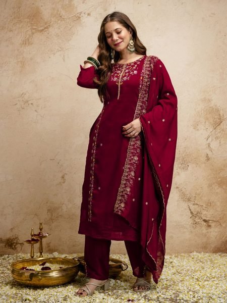 Recyclable Maroon Vichitra Silk Kurta Pant Set With A Dupatta Featuring Embroidery Work  Straight Cut Long Kurtis