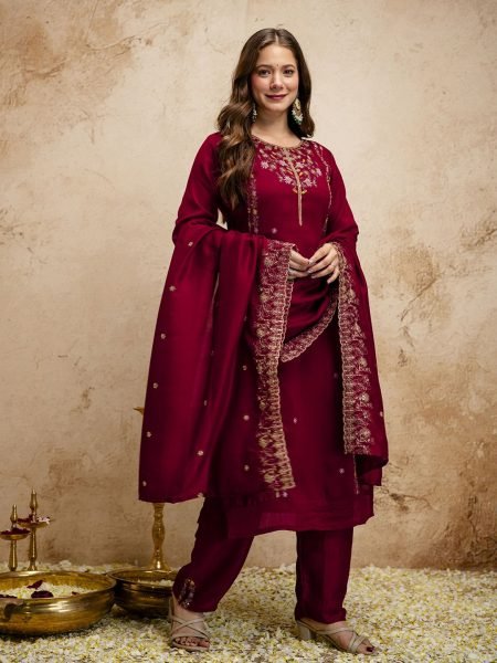 Recyclable Maroon Vichitra Silk Kurta Pant Set With A Dupatta Featuring Embroidery Work  Straight Cut Long Kurtis