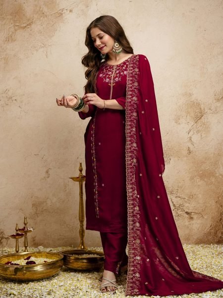 Recyclable Maroon Vichitra Silk Kurta Pant Set With A Dupatta Featuring Embroidery Work  Straight Cut Long Kurtis