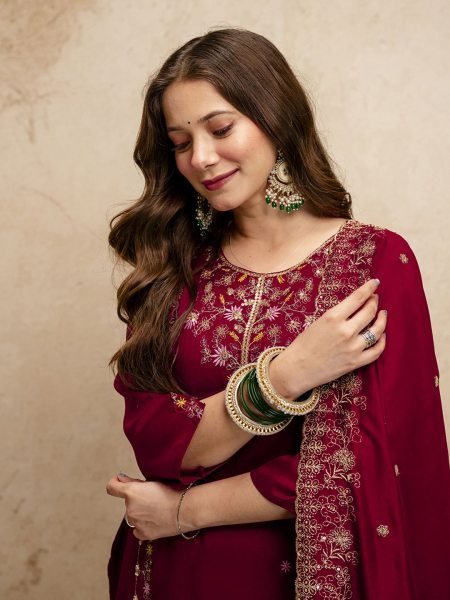 Recyclable Maroon Vichitra Silk Kurta Pant Set With A Dupatta Featuring Embroidery Work  Straight Cut Long Kurtis