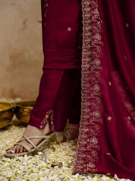 Recyclable Maroon Vichitra Silk Kurta Pant Set With A Dupatta Featuring Embroidery Work  Straight Cut Long Kurtis