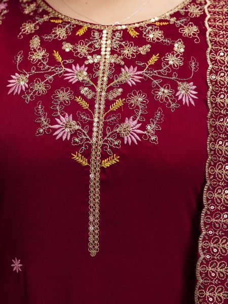 Recyclable Maroon Vichitra Silk Kurta Pant Set With A Dupatta Featuring Embroidery Work  Straight Cut Long Kurtis