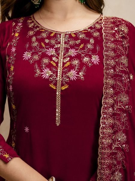 Recyclable Maroon Vichitra Silk Kurta Pant Set With A Dupatta Featuring Embroidery Work  Straight Cut Long Kurtis