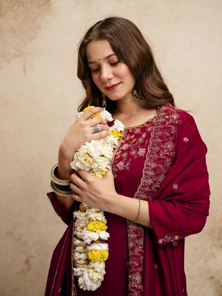 Recyclable Maroon Vichitra Silk Kurta Pant Set With A Dupatta Featuring Embroidery Work  Straight Cut Long Kurtis