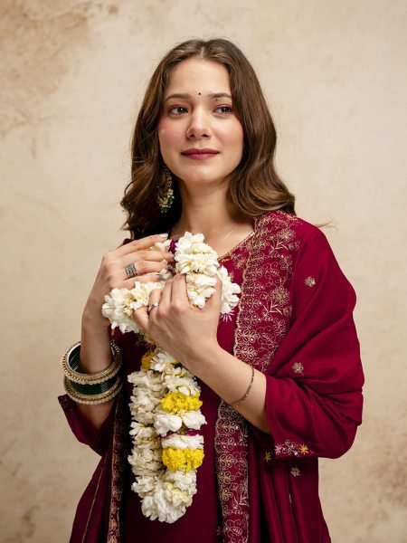 Recyclable Maroon Vichitra Silk Kurta Pant Set With A Dupatta Featuring Embroidery Work  Straight Cut Long Kurtis