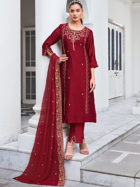 Recyclable Maroon Vichitra Silk Kurta Pant Set With A Dupatta Featuring Embroidery Work  Straight Cut Long Kurtis