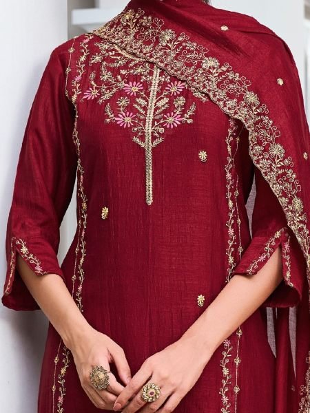 Recyclable Maroon Vichitra Silk Kurta Pant Set With A Dupatta Featuring Embroidery Work  Straight Cut Long Kurtis