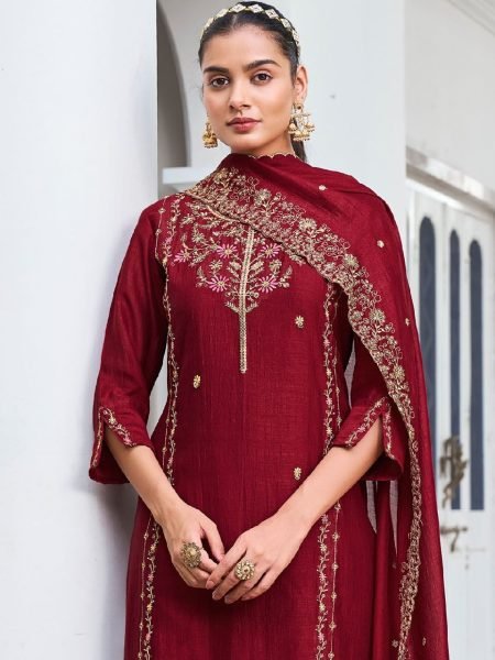 Recyclable Maroon Vichitra Silk Kurta Pant Set With A Dupatta Featuring Embroidery Work  Straight Cut Long Kurtis
