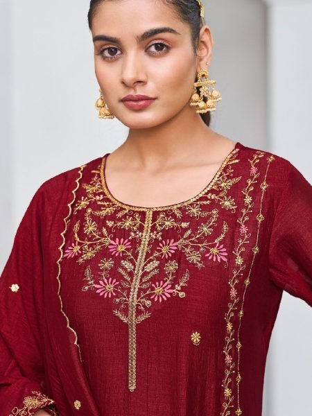 Recyclable Maroon Vichitra Silk Kurta Pant Set With A Dupatta Featuring Embroidery Work  Straight Cut Long Kurtis