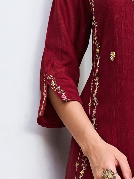 Recyclable Maroon Vichitra Silk Kurta Pant Set With A Dupatta Featuring Embroidery Work  Straight Cut Long Kurtis