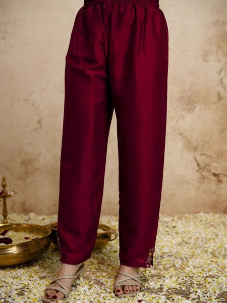 Recyclable Maroon Vichitra Silk Kurta Pant Set With A Dupatta Featuring Embroidery Work  Straight Cut Long Kurtis