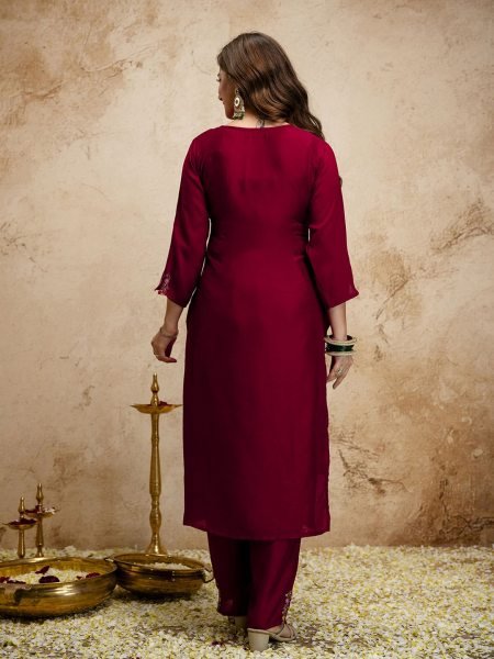 Recyclable Maroon Vichitra Silk Kurta Pant Set With A Dupatta Featuring Embroidery Work  Straight Cut Long Kurtis