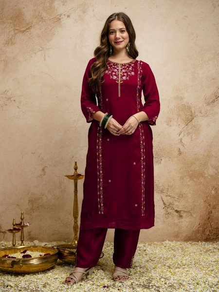Recyclable Maroon Vichitra Silk Kurta Pant Set With A Dupatta Featuring Embroidery Work  Straight Cut Long Kurtis