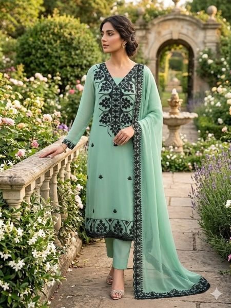 Recyclable Mint Green Designer Georgette Aari Work Suit with Santoon Bottom and Dupatta 