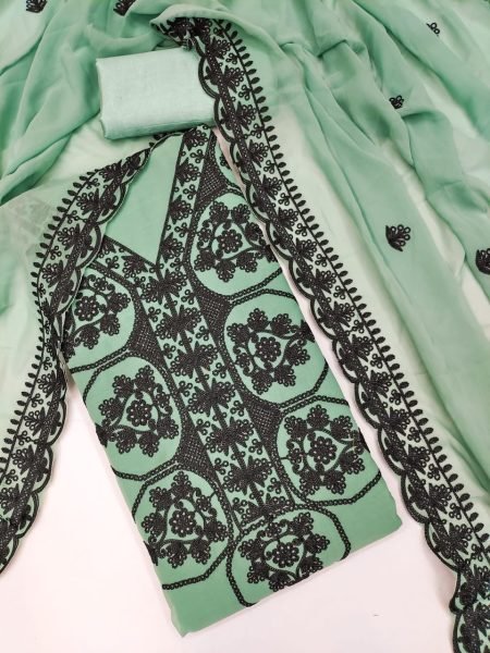 Recyclable Mint Green Designer Georgette Aari Work Suit with Santoon Bottom and Dupatta Color Set Matching Dress Material Wholesale