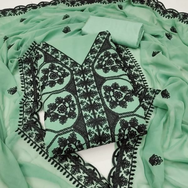 Recyclable Mint Green Designer Georgette Aari Work Suit with Santoon Bottom and Dupatta Color Set Matching Dress Material Wholesale