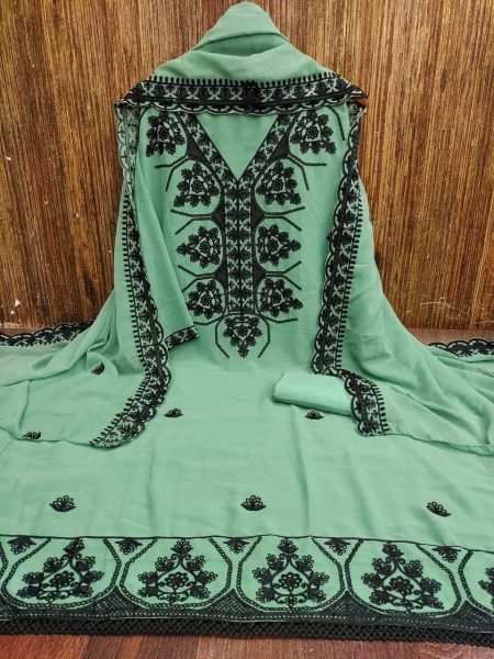 Recyclable Mint Green Designer Georgette Aari Work Suit with Santoon Bottom and Dupatta Color Set Matching Dress Material Wholesale