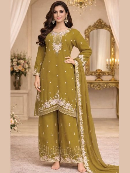 Recyclable Mustard Yellow Chiffon Embroidered Palazzo Suit with Beads Work for Weddings 