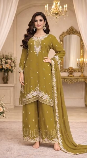 Recyclable Mustard Yellow Chiffon Embroidered Palazzo Suit with Beads Work for Weddings Designer Plazzo Salwar Suits Wholesale