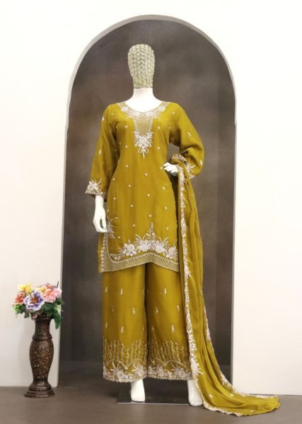Recyclable Mustard Yellow Chiffon Embroidered Palazzo Suit with Beads Work for Weddings Designer Plazzo Salwar Suits Wholesale