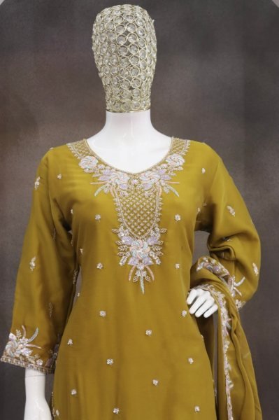 Recyclable Mustard Yellow Chiffon Embroidered Palazzo Suit with Beads Work for Weddings Designer Plazzo Salwar Suits Wholesale