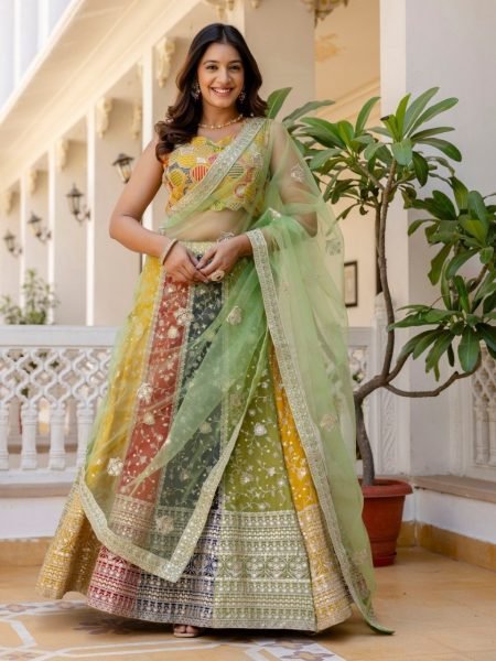 Recyclable Mutli Faux Georgette Lehenga Choli with Heavy Sequins Embroidery at Wholesale Rate Designer Lehenga Choli