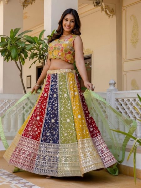 Recyclable Mutli Faux Georgette Lehenga Choli with Heavy Sequins Embroidery at Wholesale Rate Designer Lehenga Choli