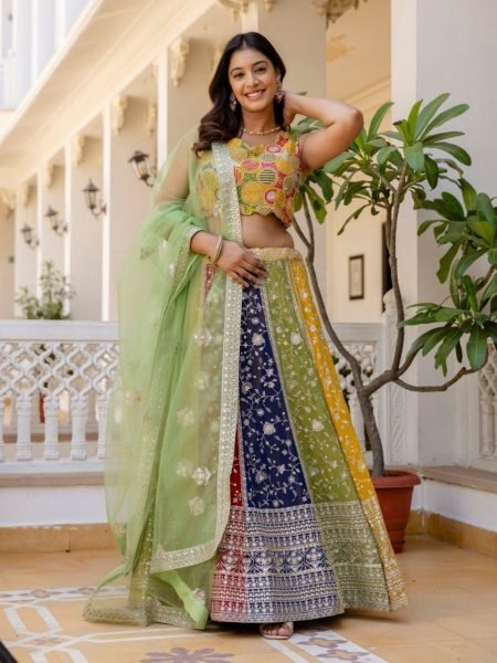 Recyclable Mutli Faux Georgette Lehenga Choli with Heavy Sequins Embroidery at Wholesale Rate Designer Lehenga Choli