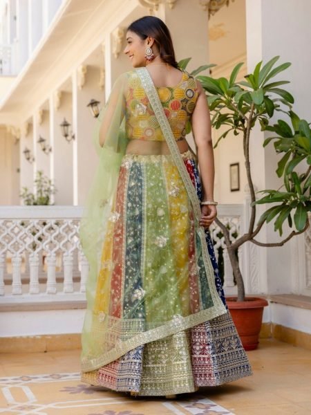 Recyclable Mutli Faux Georgette Lehenga Choli with Heavy Sequins Embroidery at Wholesale Rate Designer Lehenga Choli