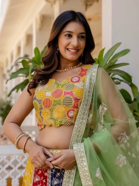 Recyclable Mutli Faux Georgette Lehenga Choli with Heavy Sequins Embroidery at Wholesale Rate Designer Lehenga Choli
