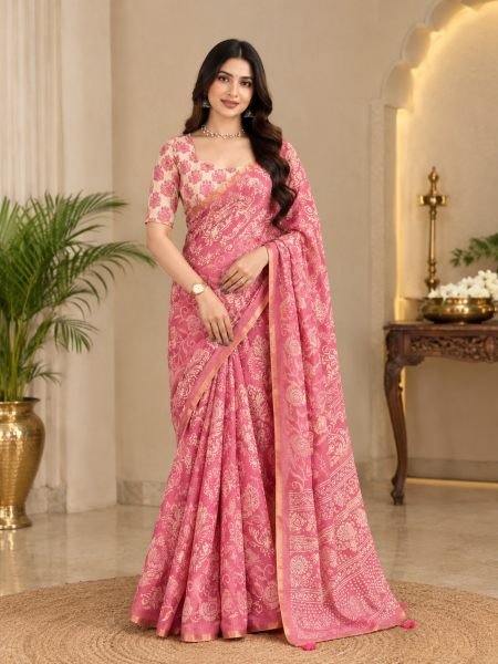 Recyclable Pink Erode Silk Printed Saree with Contrast Printed Blouse For Bulk Order Sarees 