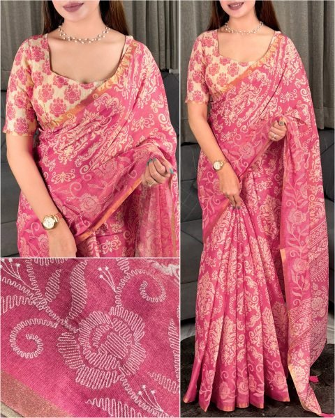 Recyclable Pink Erode Silk Printed Saree with Contrast Printed Blouse For Bulk Order Silk Sarees Wholesale