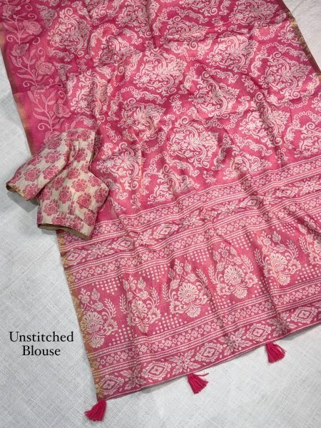 Recyclable Pink Erode Silk Printed Saree with Contrast Printed Blouse For Bulk Order Silk Sarees Wholesale