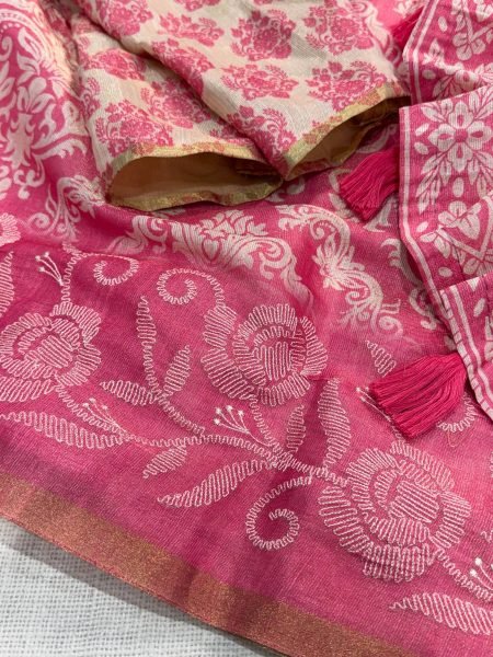 Recyclable Pink Erode Silk Printed Saree with Contrast Printed Blouse For Bulk Order Silk Sarees Wholesale