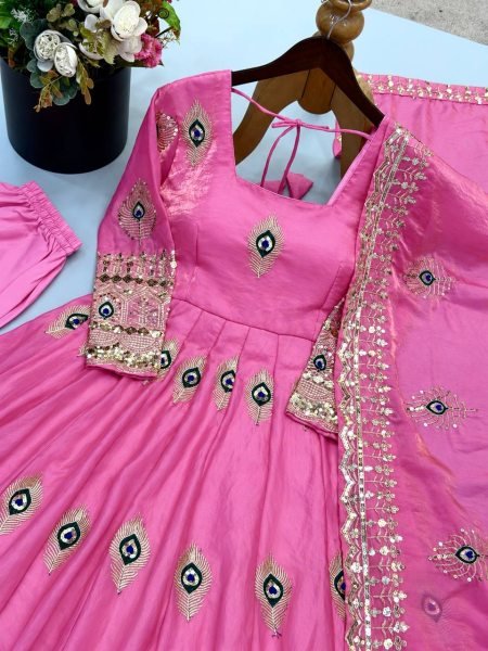 Recyclable Pink Fully Stitched Fendy Silk Gown with Matching Pant and Dupatta Ready To Wear Collection