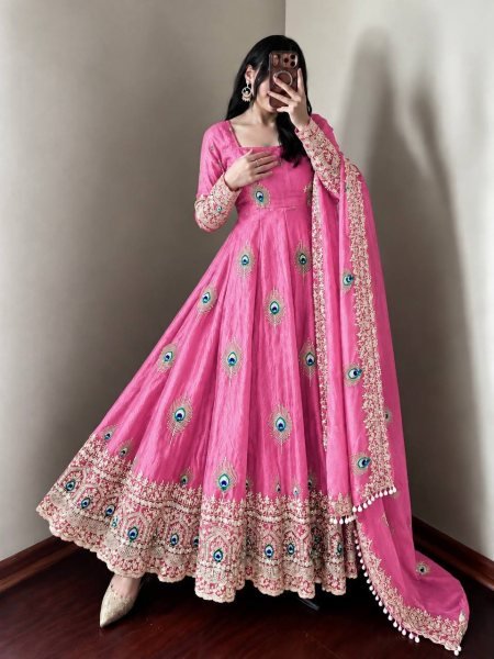 Recyclable Pink Fully Stitched Fendy Silk Gown with Matching Pant and Dupatta Ready To Wear Collection