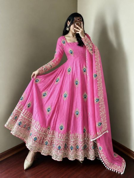 Recyclable Pink Fully Stitched Fendy Silk Gown with Matching Pant and Dupatta Ready To Wear Collection