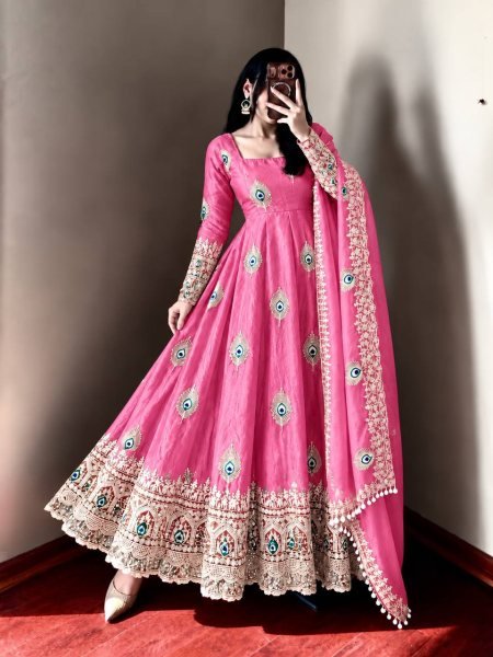 Recyclable Pink Fully Stitched Fendy Silk Gown with Matching Pant and Dupatta Ready To Wear Collection