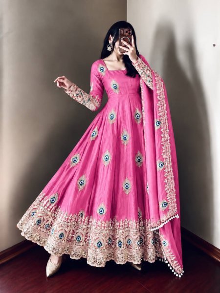 Recyclable Pink Fully Stitched Fendy Silk Gown with Matching Pant and Dupatta Ready To Wear Collection