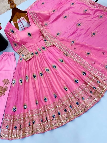 Recyclable Pink Fully Stitched Fendy Silk Gown with Matching Pant and Dupatta Ready To Wear Collection